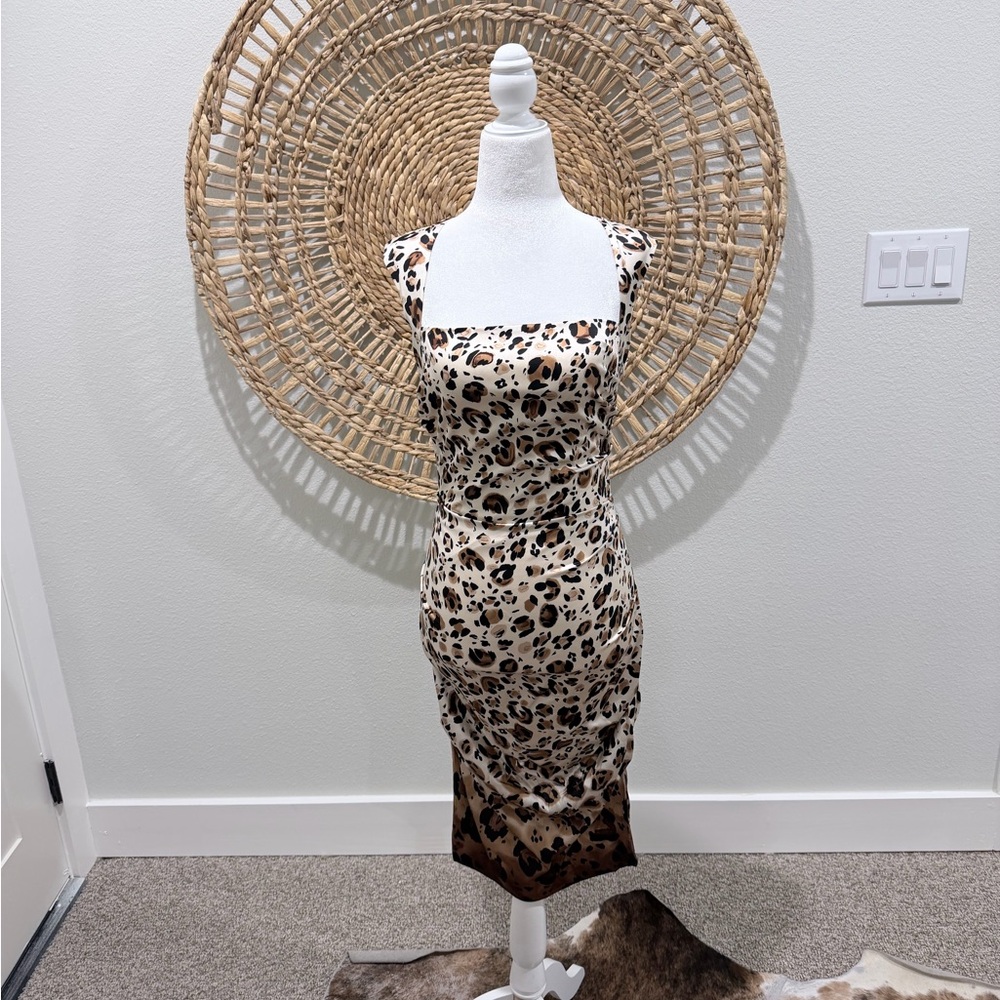 Nicole Miller Leopard Print Square Neck Midi Dress - Cream, Brown, Black